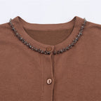 New Lightly Mature Round Neck Long Sleeve Jewelry Cardigan Top