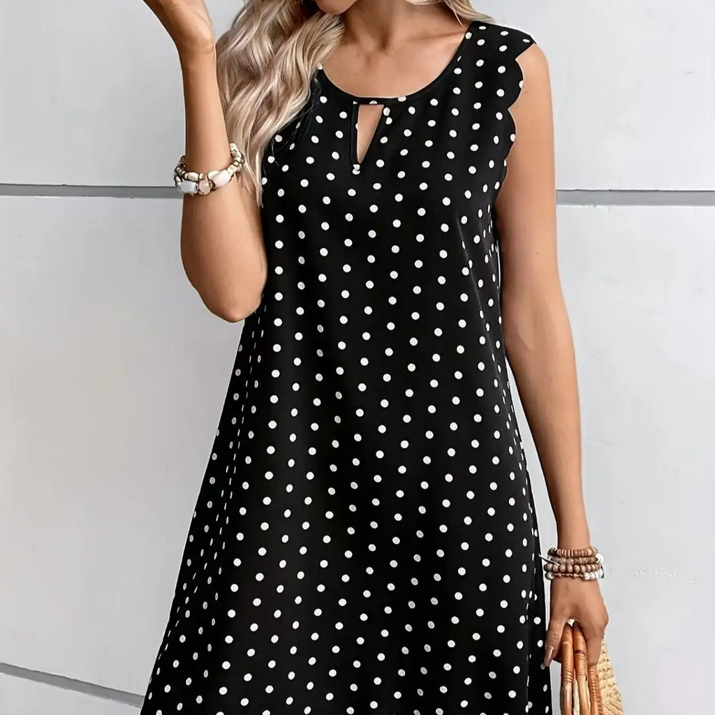 Ladies' Fashionable Casual Pullover Polka Dot Dress With Hollowed Out Collar And Round Neck Wavy Edge Skirt - SJB-DIAMOND ELITES