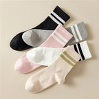 5 Pairs Striped Print Socks, College Style Sports Mid Tube Socks, Women's Stockings & Hosiery Lootquake LLC
