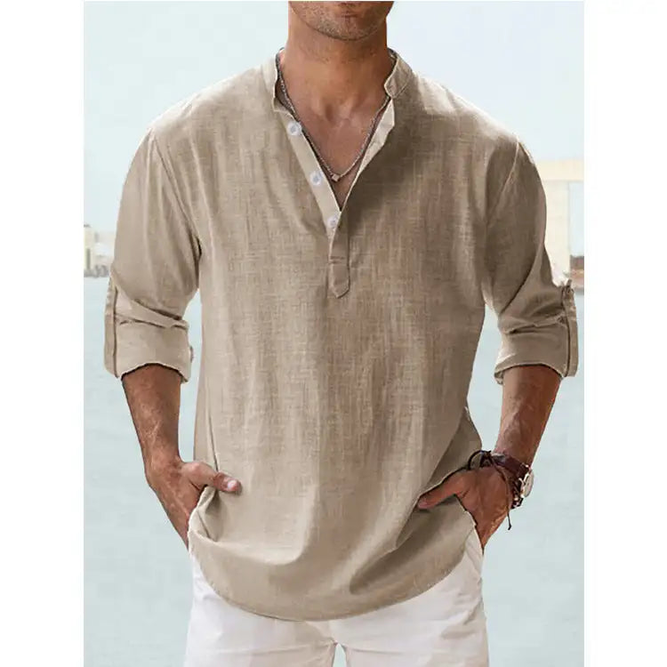 Men's Linen Stand-up Collar Long Sleeve T-shirt Loose Undershirt
