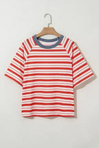 Tomato Red Striped Raglan Sleeve Contrast Neck T-Shirt
