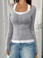 Contrast Long Sleeve Fake Two-Piece T-Shirt THRIXINE