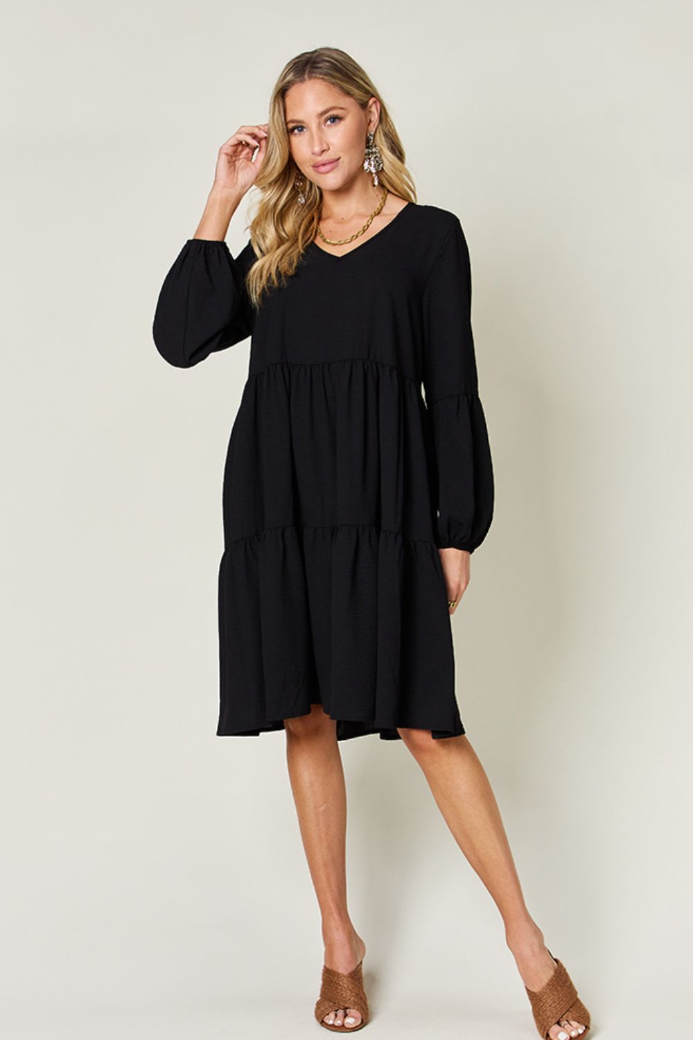 Light Green Double Take Full Size V-Neck Sleeve Tiered Dress with Pockets Elegant & Comfortable Casual Dress Stevvex