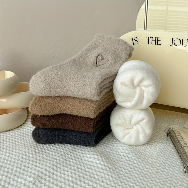 6 Pairs of Ultra Comfy Heart Embroidery Fuzzy Socks, Warm Women's Stockings & Hosiery for Cold Weather Lootquake LLC