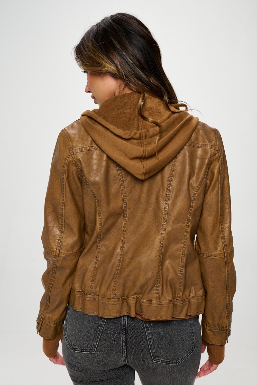 Coalition LA Double Zip Hooded Long Sleeve Vegan Leather Jacket for Women Stylish and Functional Outerwear Stevvex