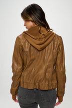 Coalition LA Double Zip Hooded Long Sleeve Vegan Leather Jacket for Women Stylish and Functional Outerwear Stevvex