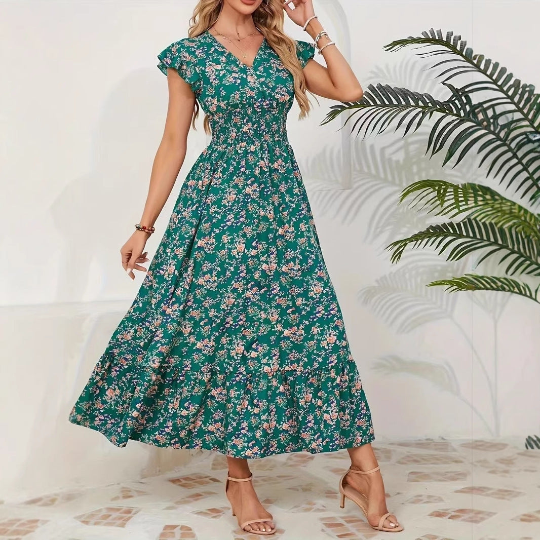 Fashion Floral Long Sleeve Waist Swing Dress Lootquake LLC