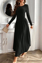 Ruched Round Neck Long Sleeve Dress Chic & Figure-Flattering Dress For Women Luxury Black Dress Stevvex