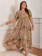 Plus Size Printed V-Neck Short Sleeve Maxi Dress Elegant & Flowy Summer Dress For Girls Stevvex