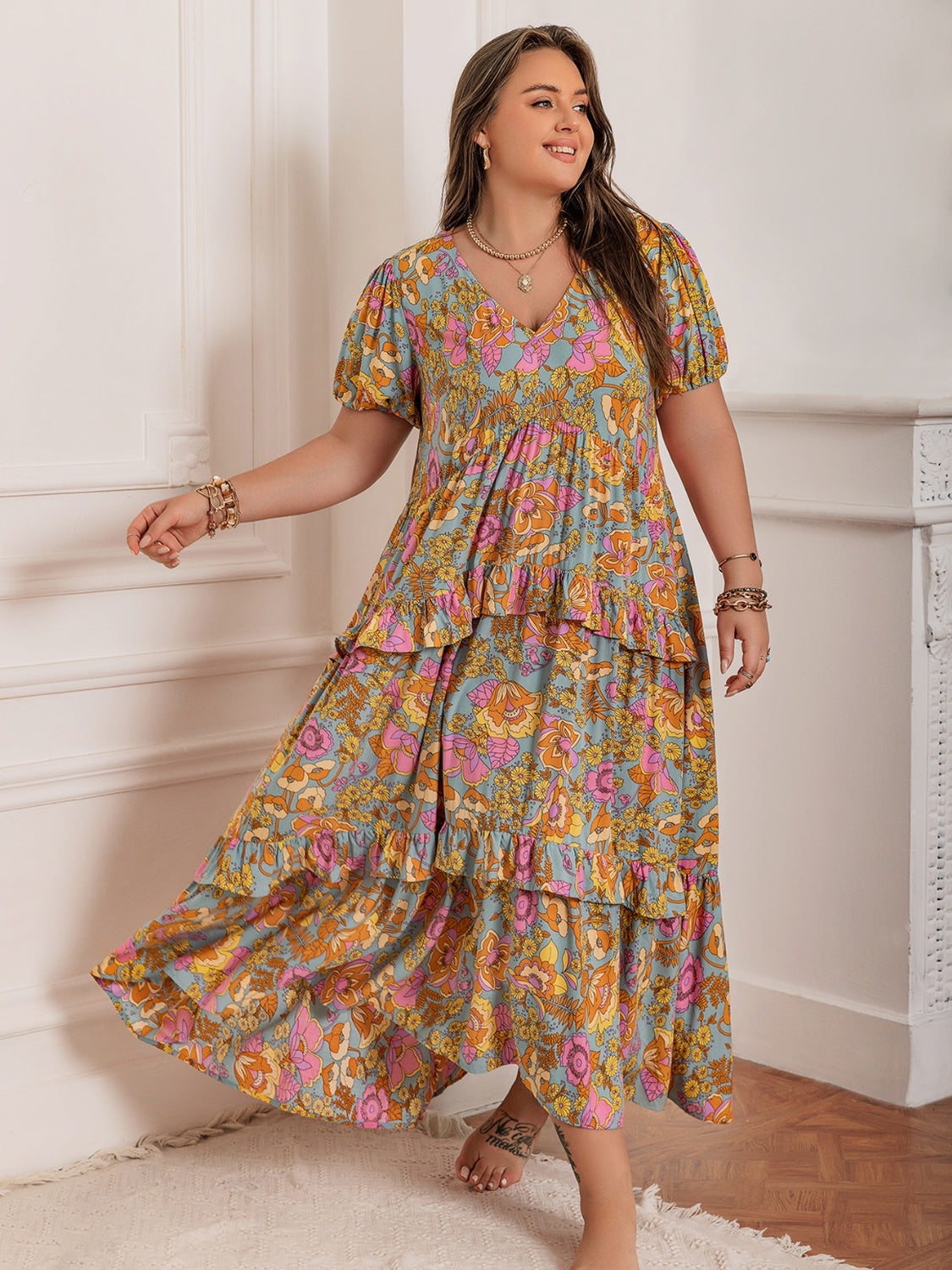 Plus Size Printed V-Neck Short Sleeve Maxi Dress Elegant & Flowy Summer Dress For Girls Stevvex