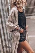 Apricot Sequin 3/4 Sleeve Open Front Duster Cardigan - Femstylo