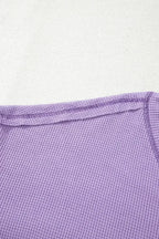 Blue Exposed Seam Drop Sleeve V Neck Waffle Textured Top