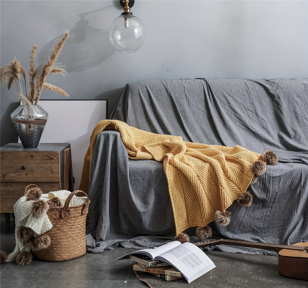 Vintage Chunky Knit Throw Blanket with Pom-pom Embellishment, Space Theme, All Seasons Polyester Cover, Knitted Casual Office Living Room Bedroom Nap Sofa Bed End Blanket 1PC Lootquake LLC