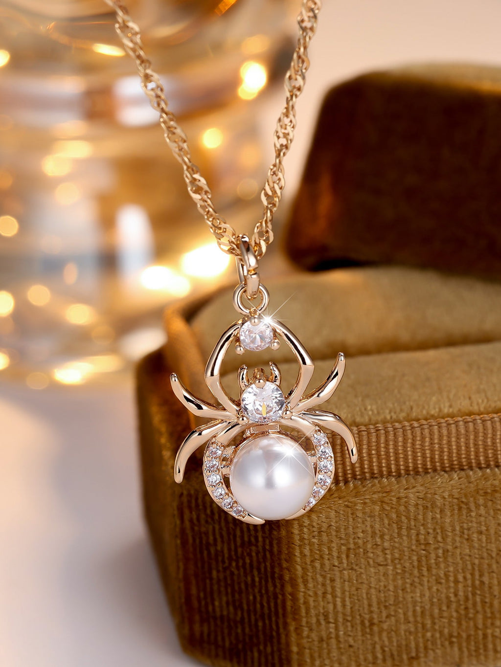 Champagne Gold Round White Diamond Pearl Spider Necklace Pi-Mart