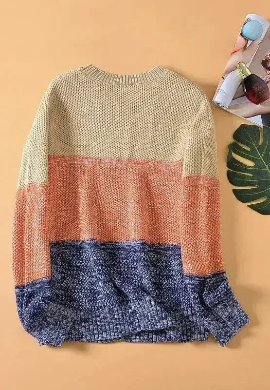 Color Block Round Neck Long Sleeve Sweater - SJB-DIAMOND ELITES