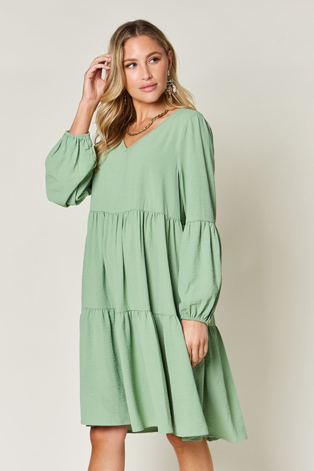 Light Green Double Take Full Size V-Neck Sleeve Tiered Dress with Pockets Elegant & Comfortable Casual Dress Stevvex