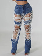 Women's Destroyed Ripped Hole Denim Pants Pearl Rhinestones Chain Distressed Slim Fit Skinny Jeans Y2K Night Club Party Jeans Purplish Diva