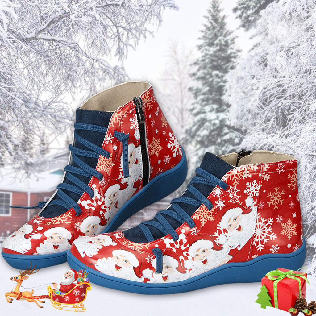 Ankle Boots Women Santa Claus Snowflake Print Flats Shoes Casual Slip-on Side Zipper Design Short Boot Pi-Mart
