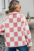 Elegant Checkered Snap Down Long Sleeve Teddy Jacket Soft & Warm Colorful Jacket Stevvex