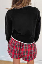 Black Contrast Trim Big Bow Accent Cropped Sweater