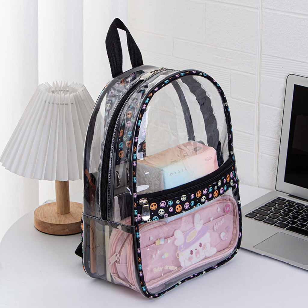 PVC transparent waterproof backpack, smiley face beauty printing student backpack, book storage shoulder travel bag - SJB-DIAMOND ELITES