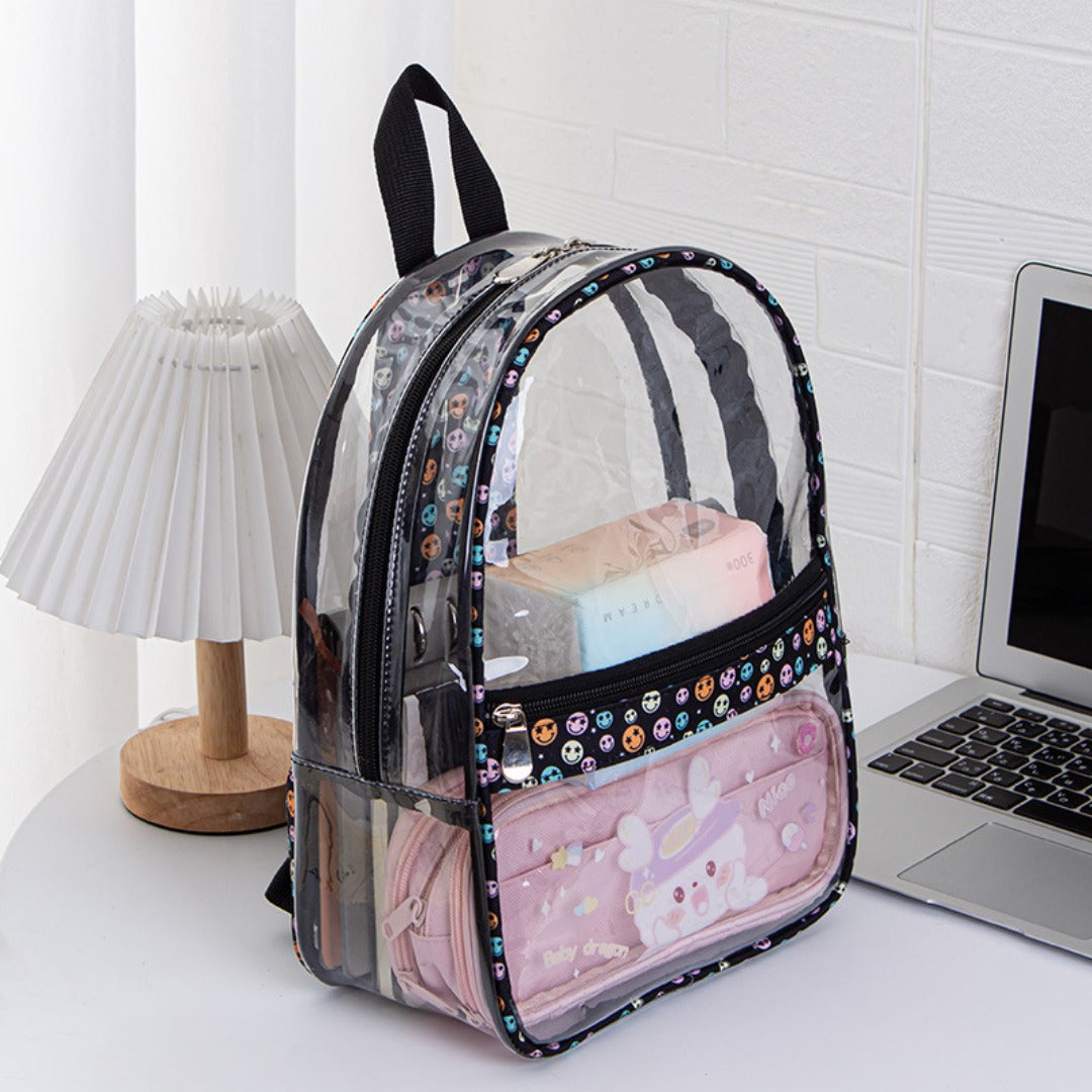 PVC transparent waterproof backpack, smiley face beauty printing student backpack, book storage shoulder travel bag - SJB-DIAMOND ELITES