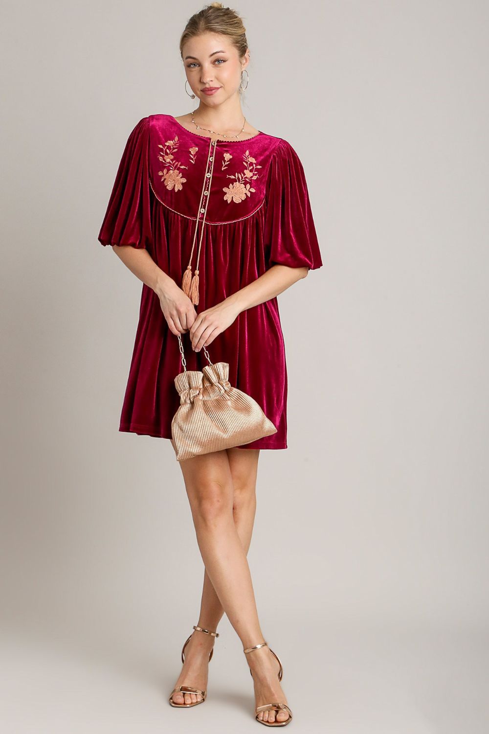 Embroidered Half Sleeve Velvet Mini Dress with Tassel For Women – Luxurious Velvet Dress, Embroidered Tassel Mini Dress, Elegant Party Dress Stevvex