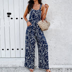 Fashion Print Square Neck Jumpsuit With Pockets Spring Summer Casual Loose Overalls Womens Clothing Pi-Mart