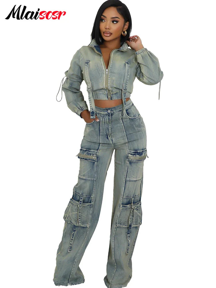 Mlaiscsr Vintage Stretch Denim 2 Piece Pants Sets Women Zip Slim Jackets and Pocket Cargo Jeans Outfit Streetwear Winter Suits Purplish Diva