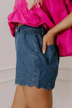 Sail Blue Scalloped Hemline Light Wash Denim Shorts