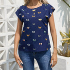 Ladies' Fashionable Butterfly Print Top With Round Neck Pullover And Short Sleeved T-shirt - SJB-DIAMOND ELITES