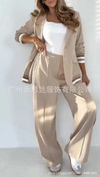 Women Suit Jacket 2 Piece Sets Striped Blazer Coat Turn Down Collar Single Breasted Wide Leg Pants Ensemble Office Lady Outfits Purplish Diva