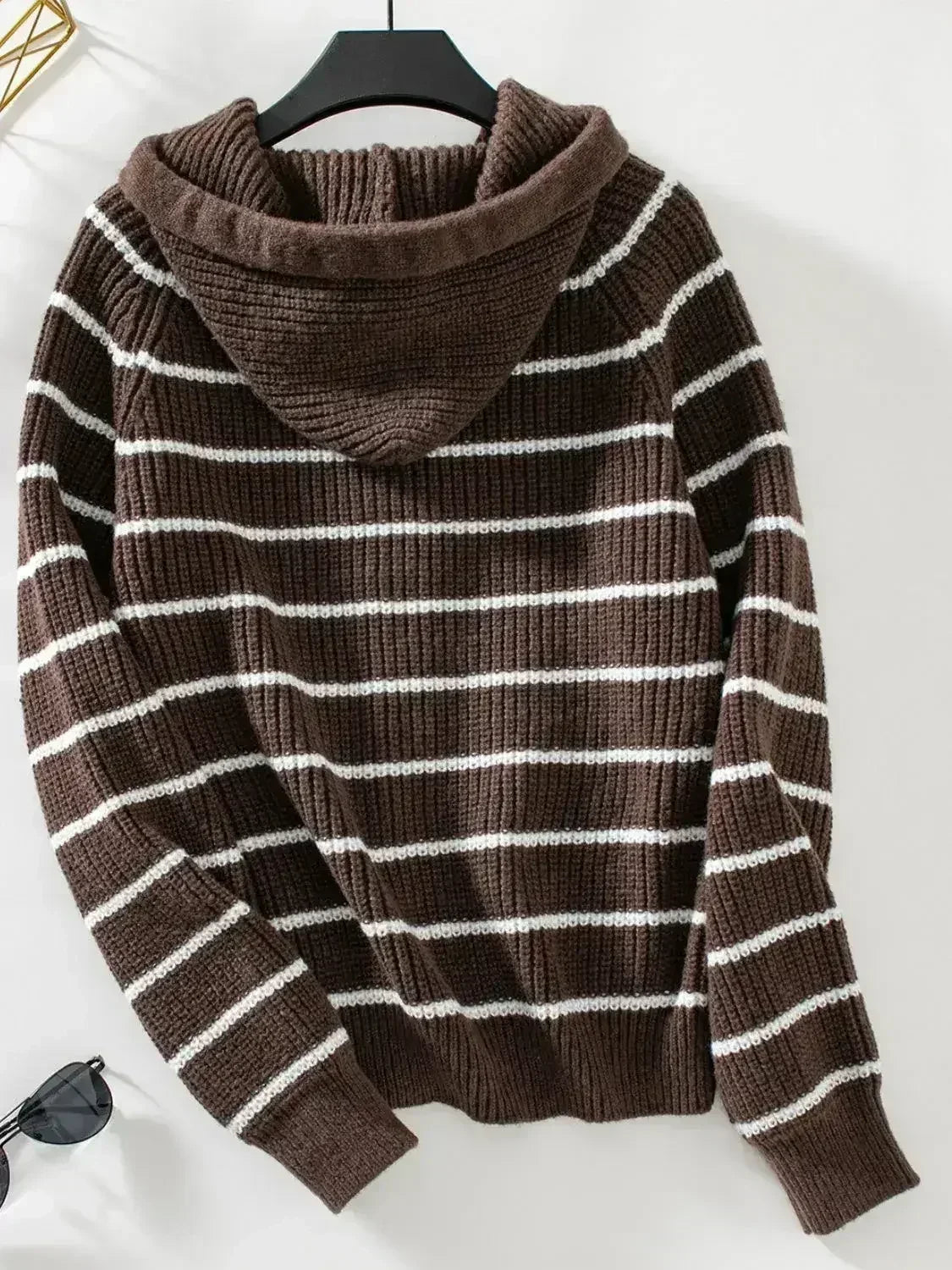 Striped Button Up Long Sleeve Hooded Cardigan - SJB-DIAMOND ELITES