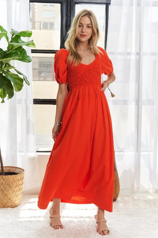 Popcorn Smocked Puff Sleeve Dress For Women – Textured, Elegant, Fluttering, Feminine, Stylish, Trendy For Special Occasions Stevvex