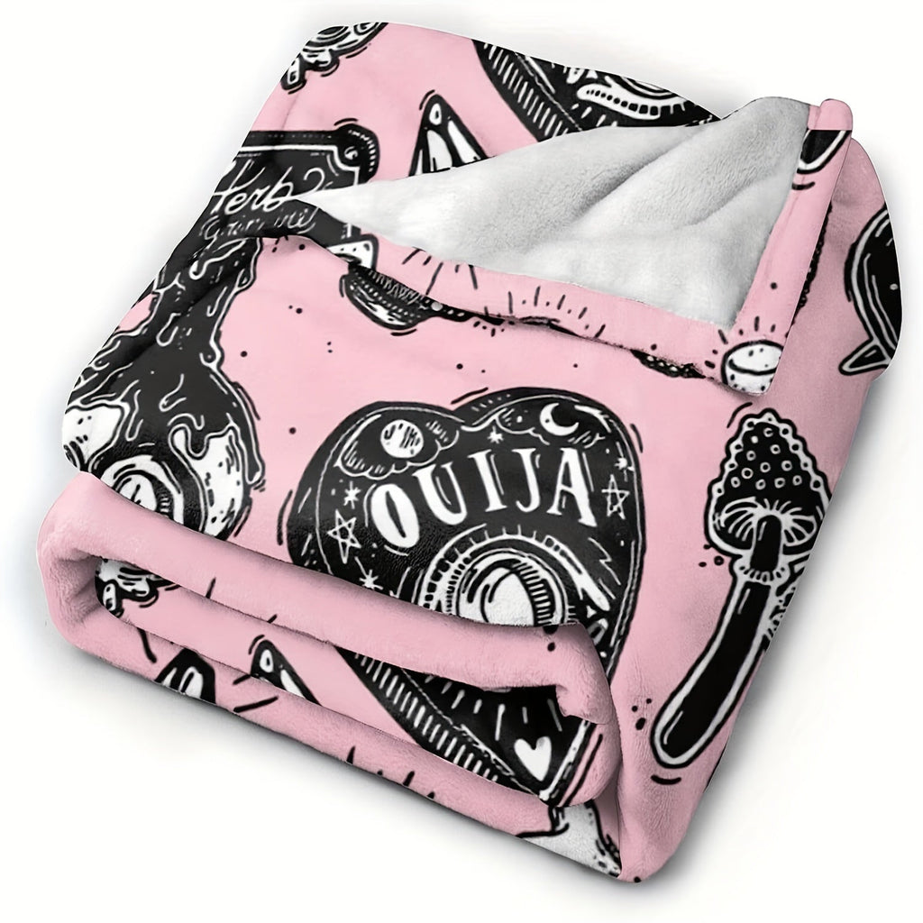 1pc Halloween Element Print Flannel Blanket, Soft Cozy Throw Blanket Nap Blanket For Travel Sofa Bed Office Home Decor, Birthday Halloween Holiday Gift Blanket For Boys Girls Adults, Available All Season