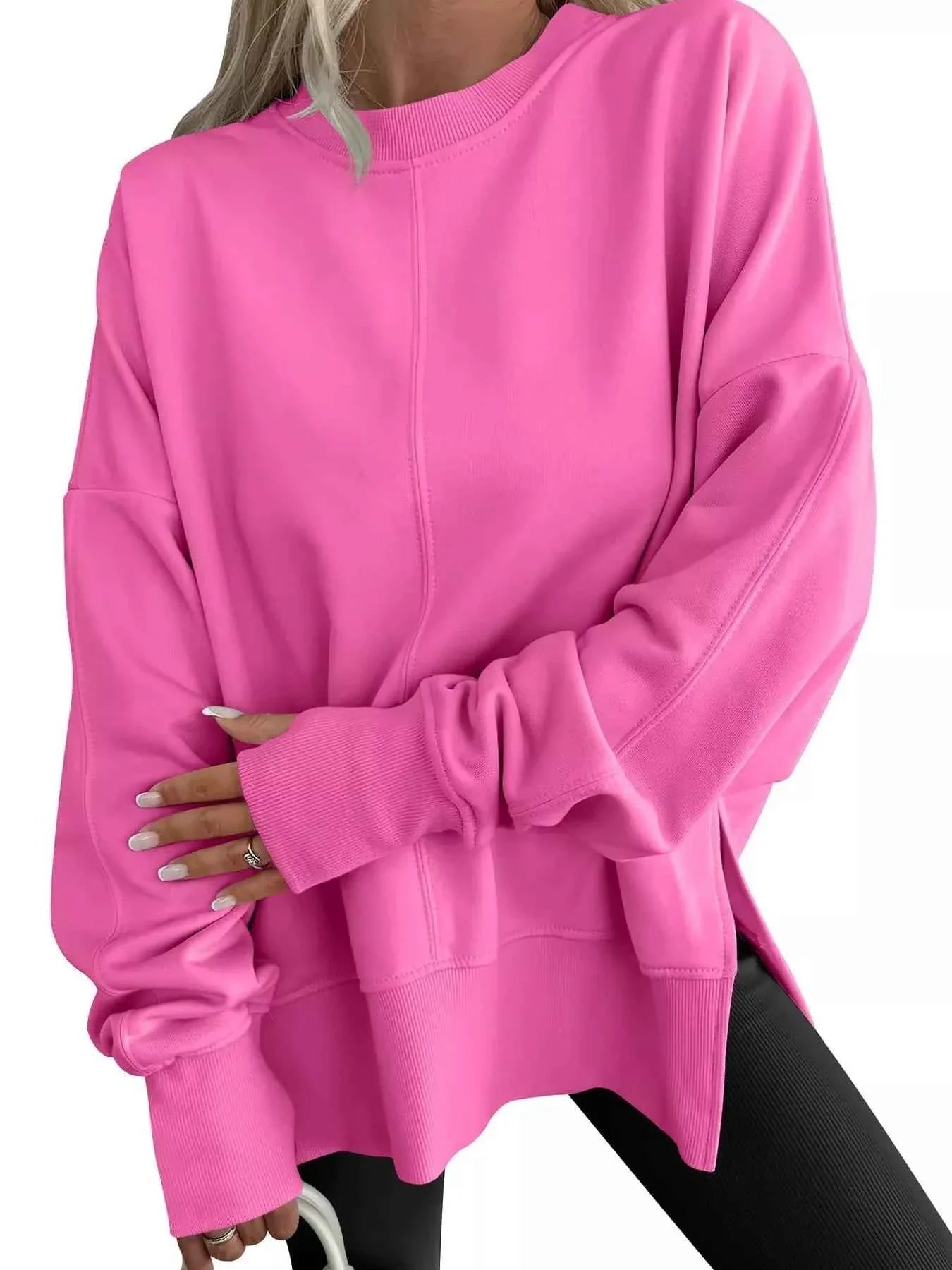 Side Slit Round Neck Long Sleeve Sweatshirt THRIXINE