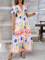 Elegant Printed V-Neck Short Sleeve Maxi Dress Beautiful Casual Women Long Dress