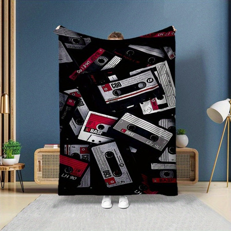Retro Cassette Tape Design Soft Polyester Square Blanket for Sofa, Bed, Picnic, and Office Use - Comfortable and Cozy Art Print Throw Blanket Lootquake LLC