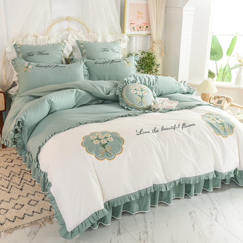 Summer Ruffled Cotton Four-piece Set Girl Heart Embroidery Flower Quilt Cover Pi-Mart
