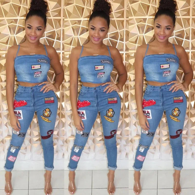 Summer Jeans Outfits 2024 Women Clothes Sets 2 Piece Birthday Party Club Sexy Crop Top and Pants Denim Two Piece Mathcing Set Purplish Diva