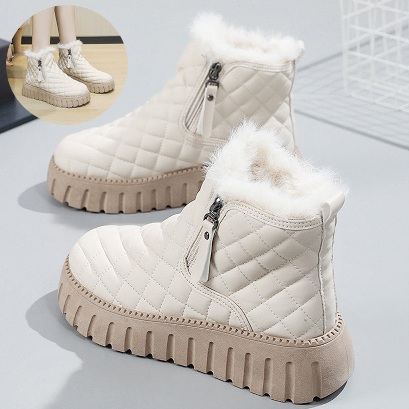 Women's Plaid Pattern Platform Ankle Boots Casual Side Zipper Plush Lined Snow Boots Winter Comfortable Short Boots Pi-Mart