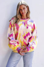 Abstract Balloon Sleeve Sweater - Colorblock Knit | Femstylo