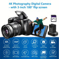 4K Photography Digital Camera - 12x Optical Zoom 72MP YouTube Vlogging Camera With 3" 180° Flip Screen, Auto Focus Compact Camera Lootquake LLC