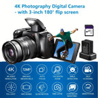 4K Photography Digital Camera - 12x Optical Zoom 72MP YouTube Vlogging Camera With 3" 180° Flip Screen, Auto Focus Compact Camera Lootquake LLC