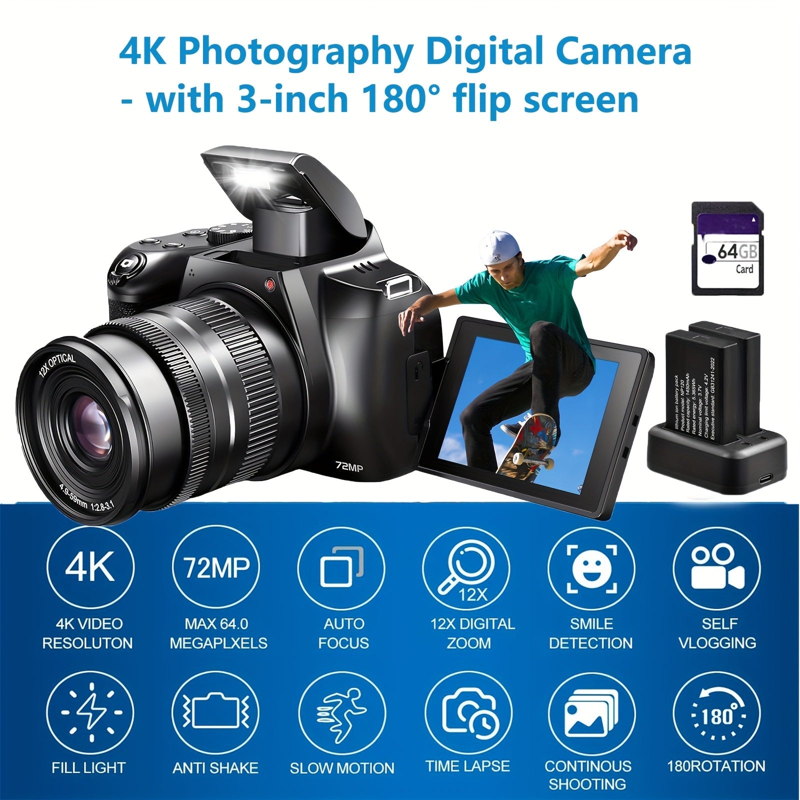 4K Photography Digital Camera - 12x Optical Zoom 72MP YouTube Vlogging Camera With 3" 180° Flip Screen, Auto Focus Compact Camera Lootquake LLC