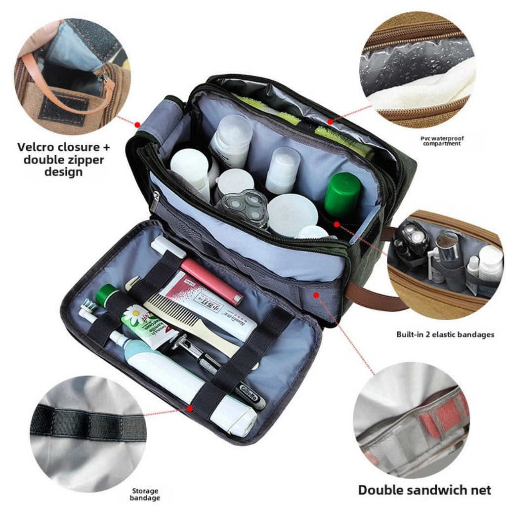Large Capacity Men's Canvas Wash Bag – Durable Razor Storage & Cosmetic Bag with Ample Space for Travel Essentials - SJB-DIAMOND ELITES