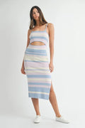 Multi Color Striped Front Cutout Knit Midi Dress For Women – Vibrant Striped Bodycon Dress, Cutout Knit Dress, Stylish Summer Midi Dress, Trendy Statement Dress Stevvex