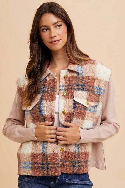 Women Brown Faux Fur Plaid Button-Up Jacket Soft Jacket For Girls Jacket With Closure Stevvex