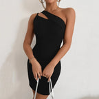 Black Hollow Split Slanted Shoulder Dress - SJB-DIAMOND ELITES