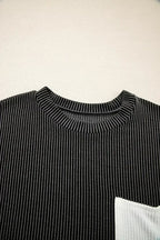 Pink Corded Colorblock Pocket Crew Neck T Shirt